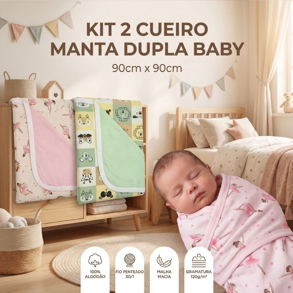 🛍️ Kit 2 Manta Bebê Dupla Fase Cueiro Malha Estampado 90X90cm Menino e Menina 100% Algodã