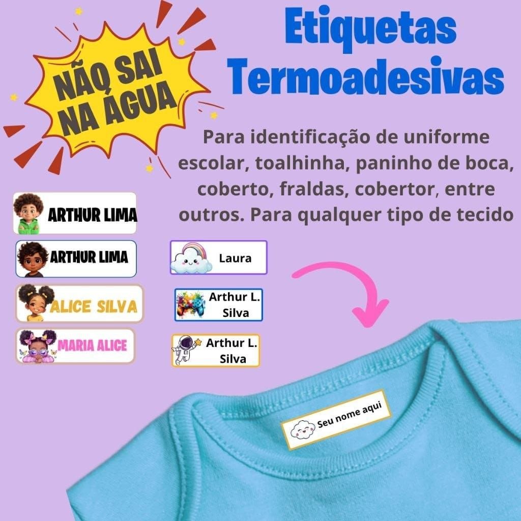 🛍️ kit  Etiquetas Nome Aplique Identificação para Roupas Uniformes Meias Todo Tipo de Tec