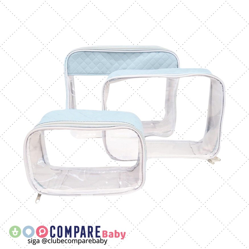 😍 Organizador Para Mala Bebe Necessaire Kit 3 Peças Transparente Azul Passeios e Malas Ma