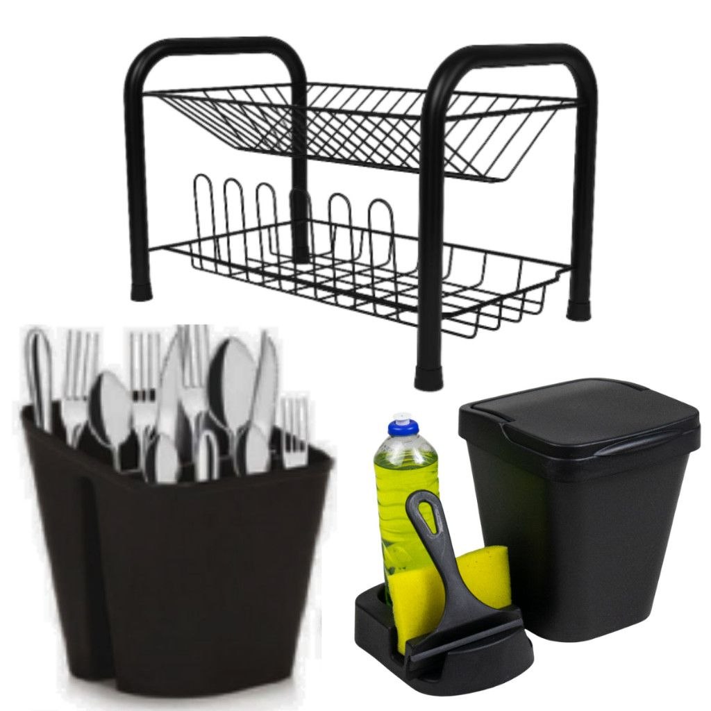 - Kit Completo Organizador de Cozinha Escorredor de Louça em Aço + Lixeira 5L + Porta Dete