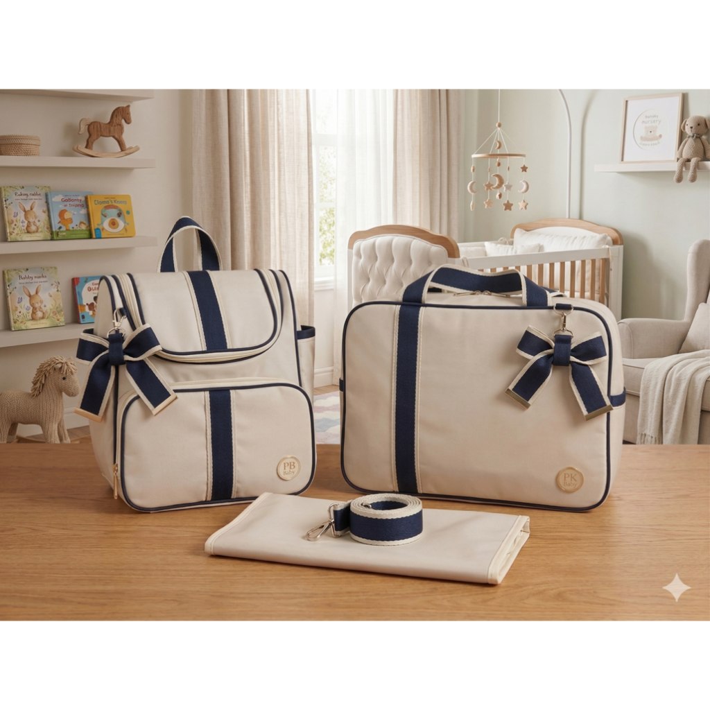 🛍️ Kit Bolsa Maternidade Luxo 3 Peças com Laço e trocador Elegante e Funcional