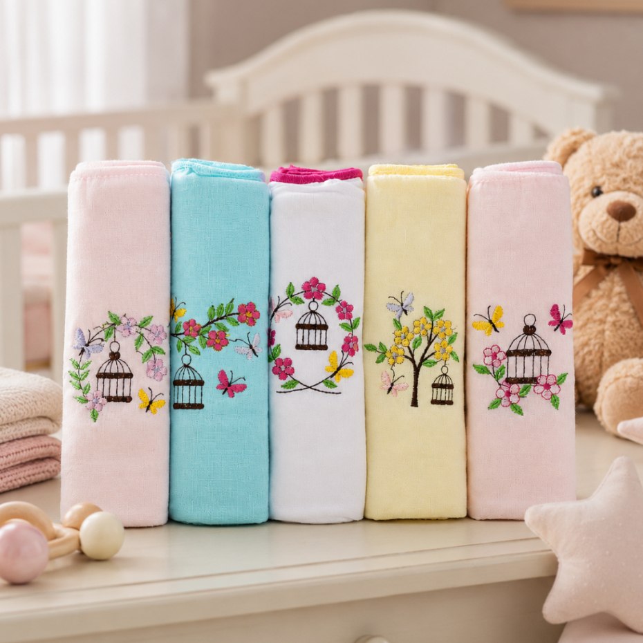 🛍️ Kit 5 Fraldas de Pano Bebê Menina 70x70cm 100% Algodão Macia Bordada Toalhinha Paninho