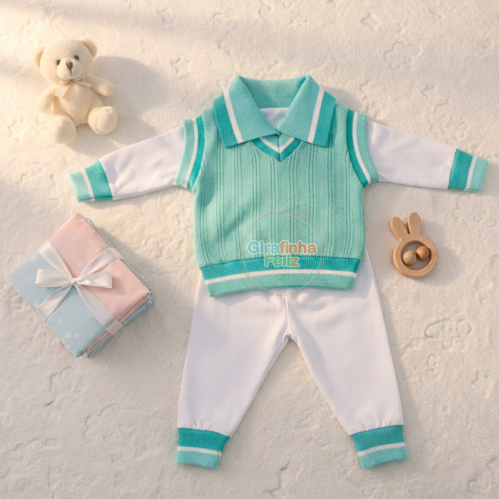 🛍️ Conjunto Bebê Menino Tricô 3 Peças Pagão Suéter + Casaco + Calça Tamanho RN Saída Mate