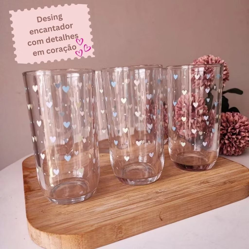 🛍️ Conjunto Copos de Vidro com Coração 💖 240ml Kit com 12 6 ou 03 Unidades Luxo para Sua