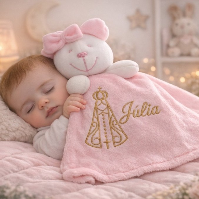 🛍️ Naninha de Bebê Personalizada com Nome, Ursinho e Nossa Senhora