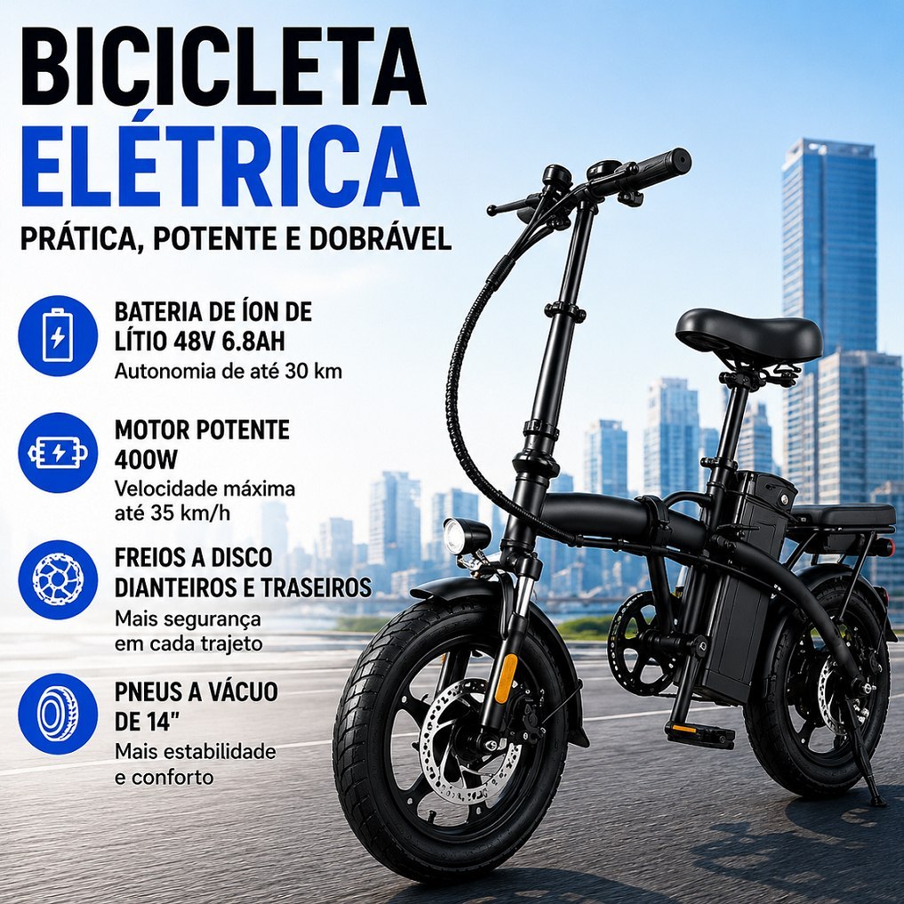 🛍️ Bicicleta Elétrica Dobrável 400W 48V Bateria de Lítio Removível Até 35km/h Autonomia 3