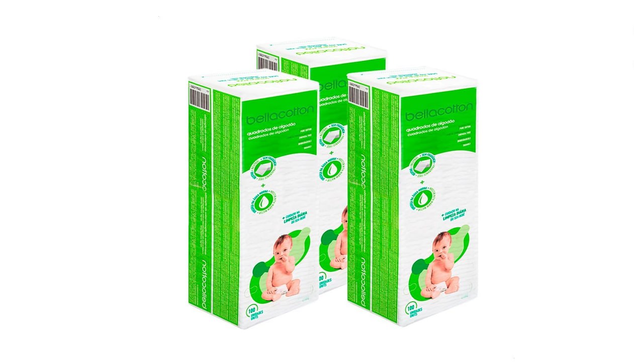 🫧 Kit Algodão Bellacotton Quadrado Hipoalergênico para Bebês (3 Pcts - 300 unidades)