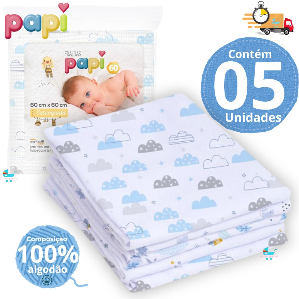 🛍️ Fralda de pano kit com 5,10 ou 15 unidades fina 65x65cm 100% algodão – Papi Enxoval In