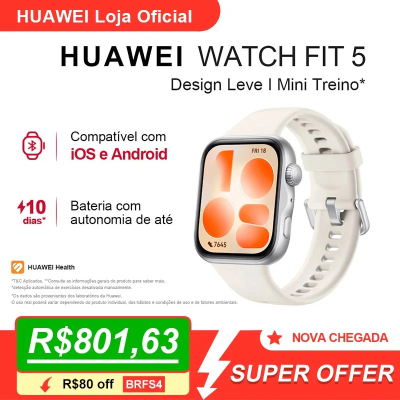 HUAWEI WATCH FIT 5 Smartwatch com Tela AMOLED de 1,82", GPS, 64 GB, Design Leve e Modos de