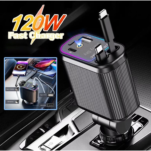 🔥 Carregador de Carro Retrátil 4 em 1 120W Super Turbo