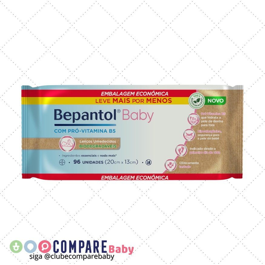 😍 Bepantol Baby Lenço Umedecido Biodegradável para Bebê, Hipoalergênico, 96 Unidades