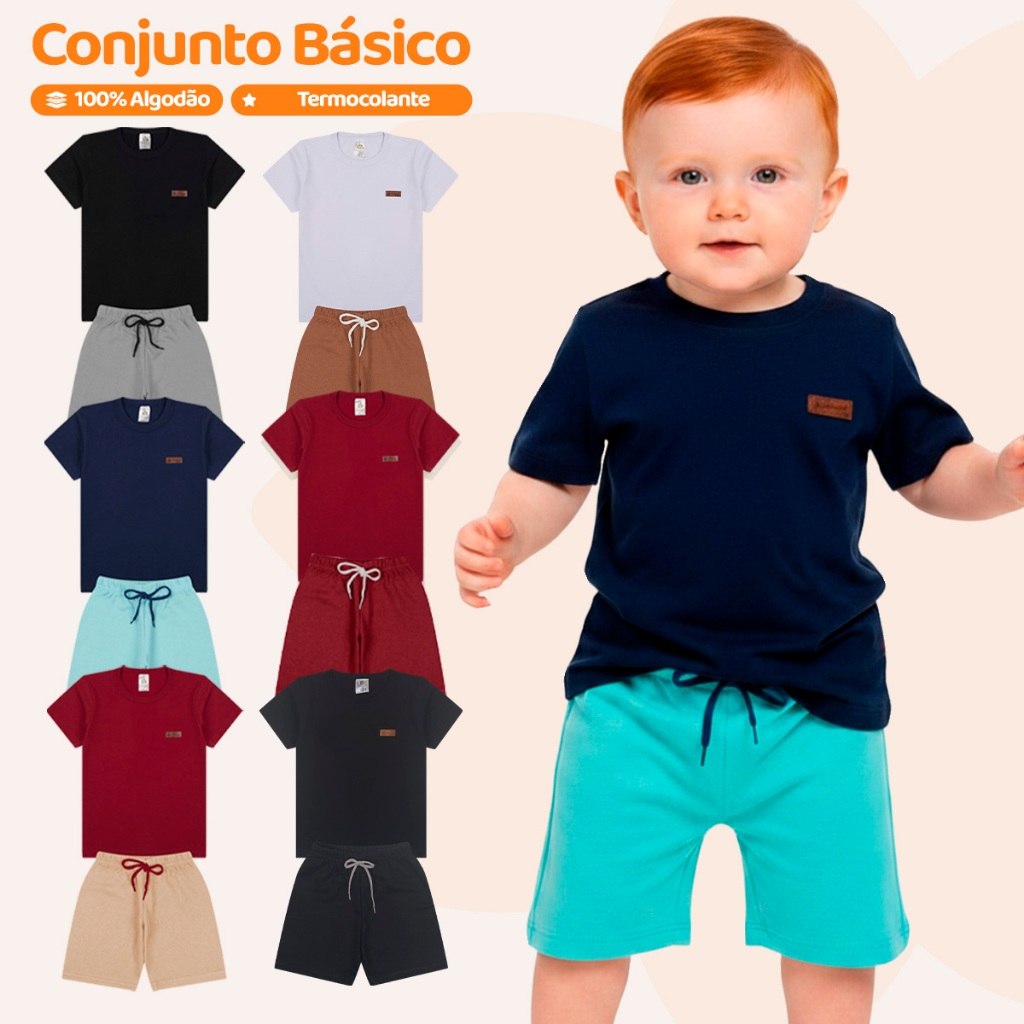 🛍️ Kit Básico 10 Peças Roupa Bebê Menino - 5 Camisetas Básicas + 5 Bermudas - 5 Conjuntos