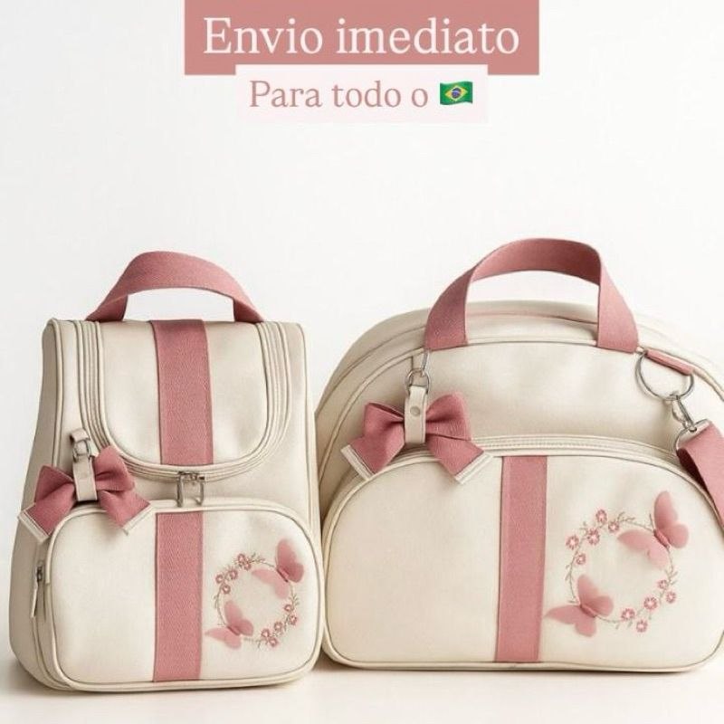 - Bolsa Maternidade Luxo kit Bordado 2 Peças Menino / Menina BORBOLETAS 3D / SAFARI Mamãe