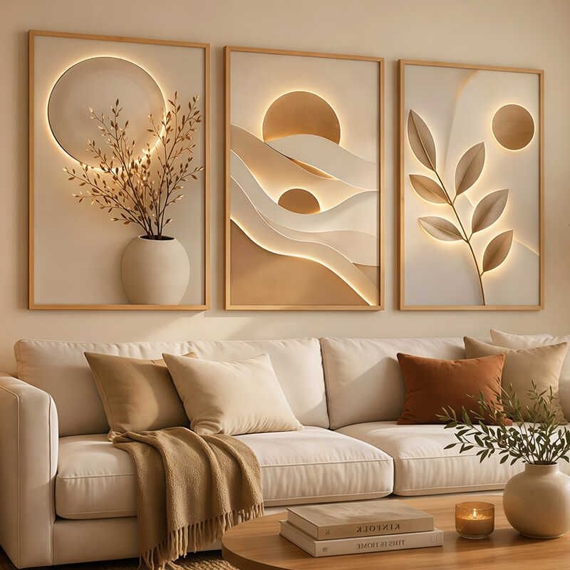 - Kit 3 Quadros Arte Floral 3D Dourado Premium Decoração Sala De Estar Moderna Elegante Lu
