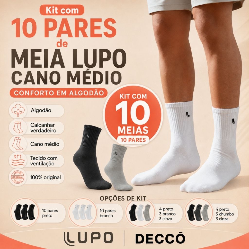 - Kit De 10 Pares De Meias Lupo Cano Médio Unissex Em Algodão Tamanho 37 ao 44
