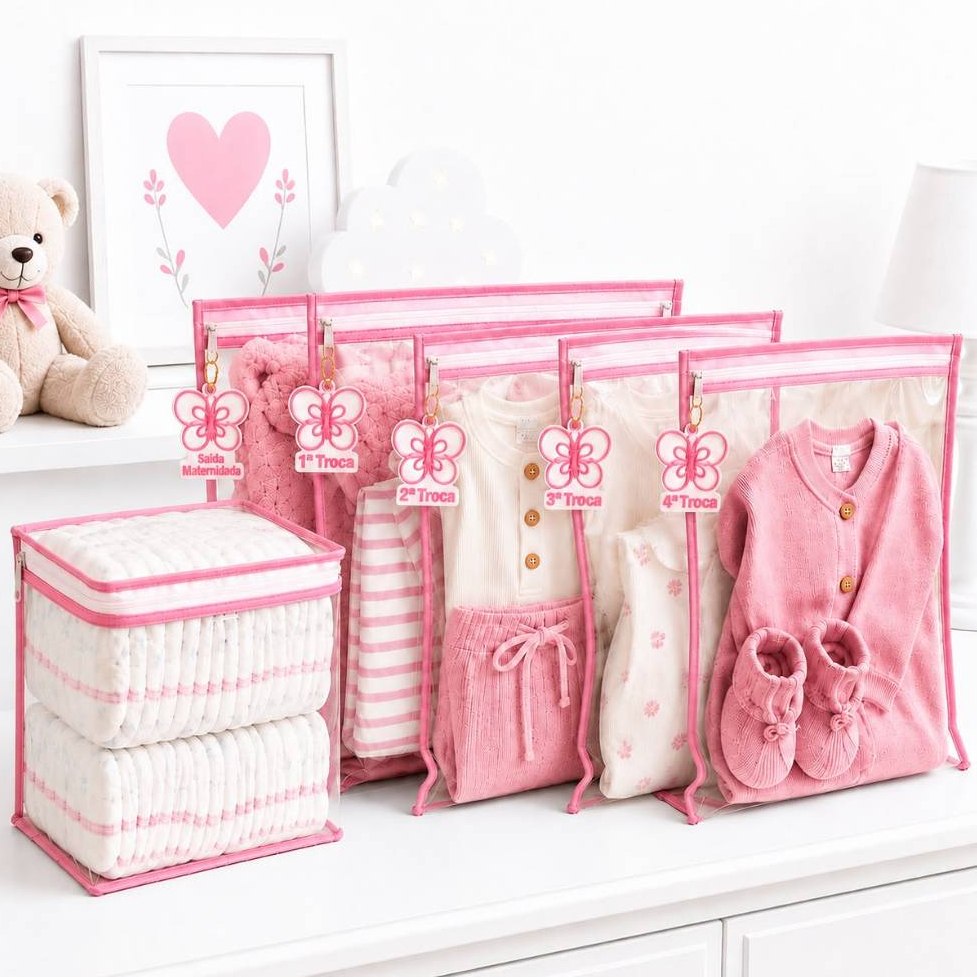 🛍️ Kit 5 Saquinhos Bebe Gestante Organizador Mala Maternidade TAG + 1 Nécessaire Porta Fr