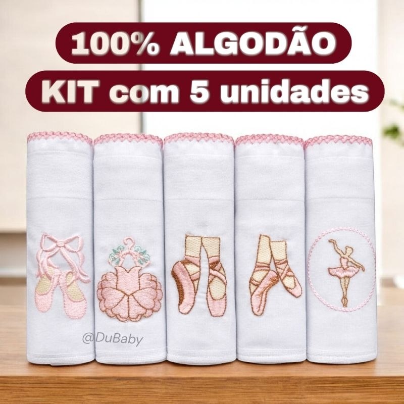 🛍️ kit 5 Fralda de Pano Bebê Bordada 5un 70x70cm Algodão Duplo BAILARINA