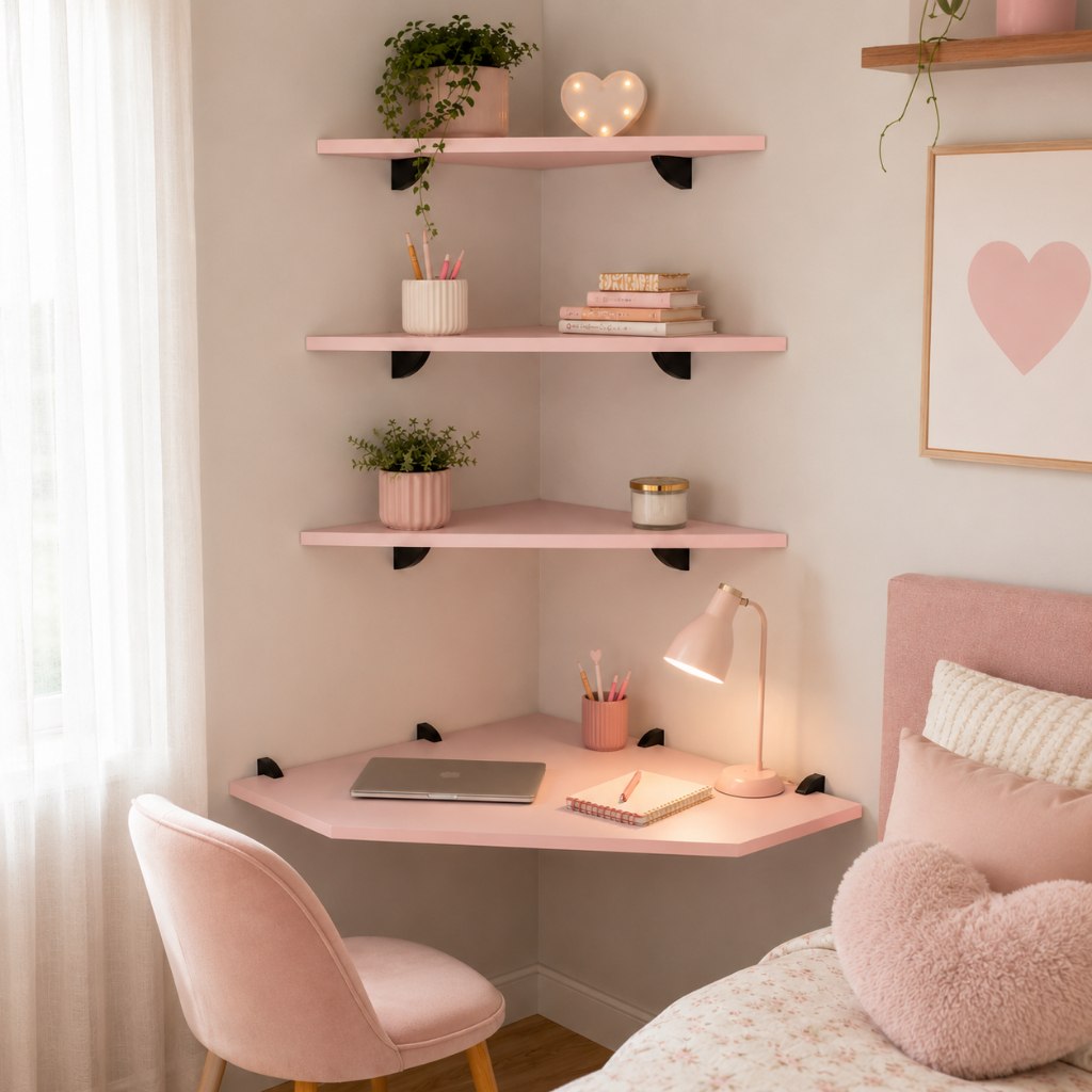 🛍️ Kit Mesa Rosa Escrivaninha de Canto com 3 prateleiras para quarto e escritório em mdf