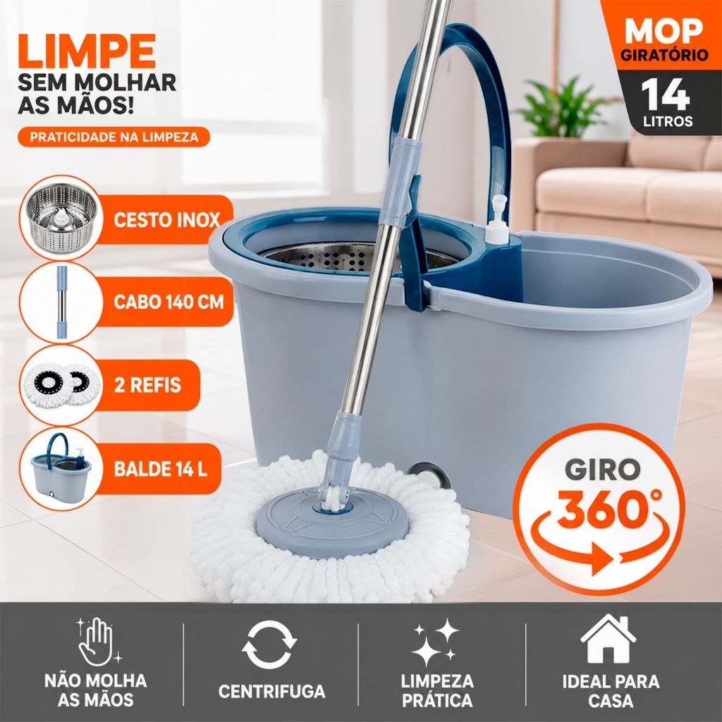 - Mop Giratorio Com cabo de 140 Cm Cesto Em Inox 2 Refis - Balde com Centrífuga 14L e Cabo