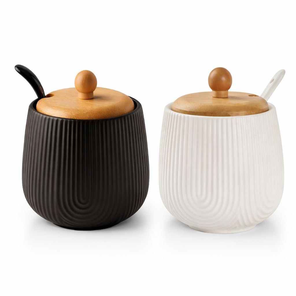 - Açucareiro Em Porcelana Com Colher Tampa Bambu 360ml Oásis