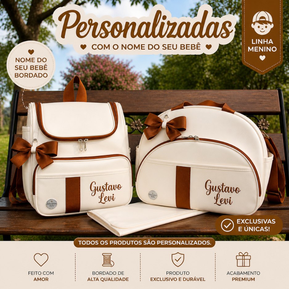 🛍️ Kit Bolsa Maternidade Personalizada 3 Peças Bolsa Grande e Mochila de Bebe e Trocador