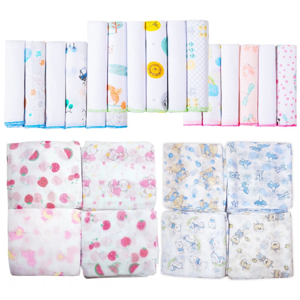 🛍️ Kit 11 Peças - 5 Fraldas 60x60cm + 6 Paninho de Boca 30x30cm 100% Algodão Grande Macia