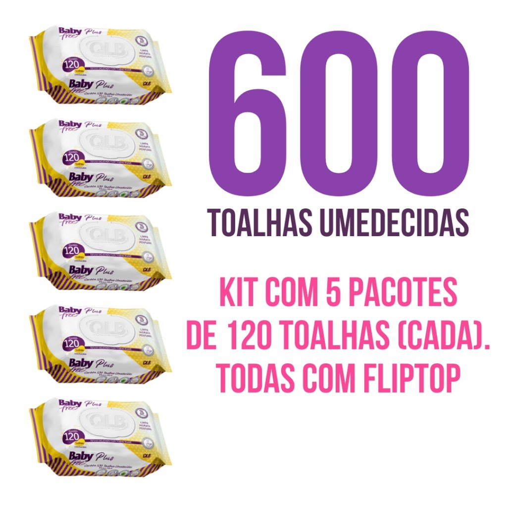 🛍️ Caixa com 5 Lenços/Toalhas Umedecidas Baby Free Plus c/ 120 Unidades Cada - Tampa Flip