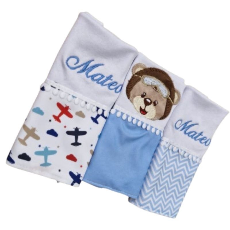 🛍️ Fraldinhas de Boca Bordado Kit 3 Paninhos Bordados com bichinhos PERSONALIZADO com nom