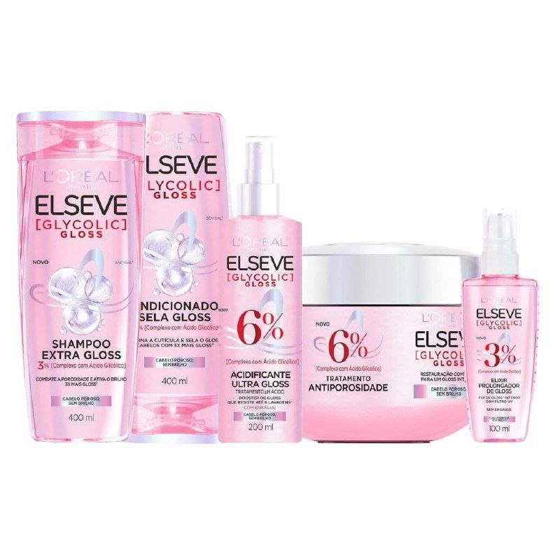Kit Tratamento Capilar L'Oréal Paris Elseve Glycolic Gloss, Combate Porosidade, 5 Produtos
