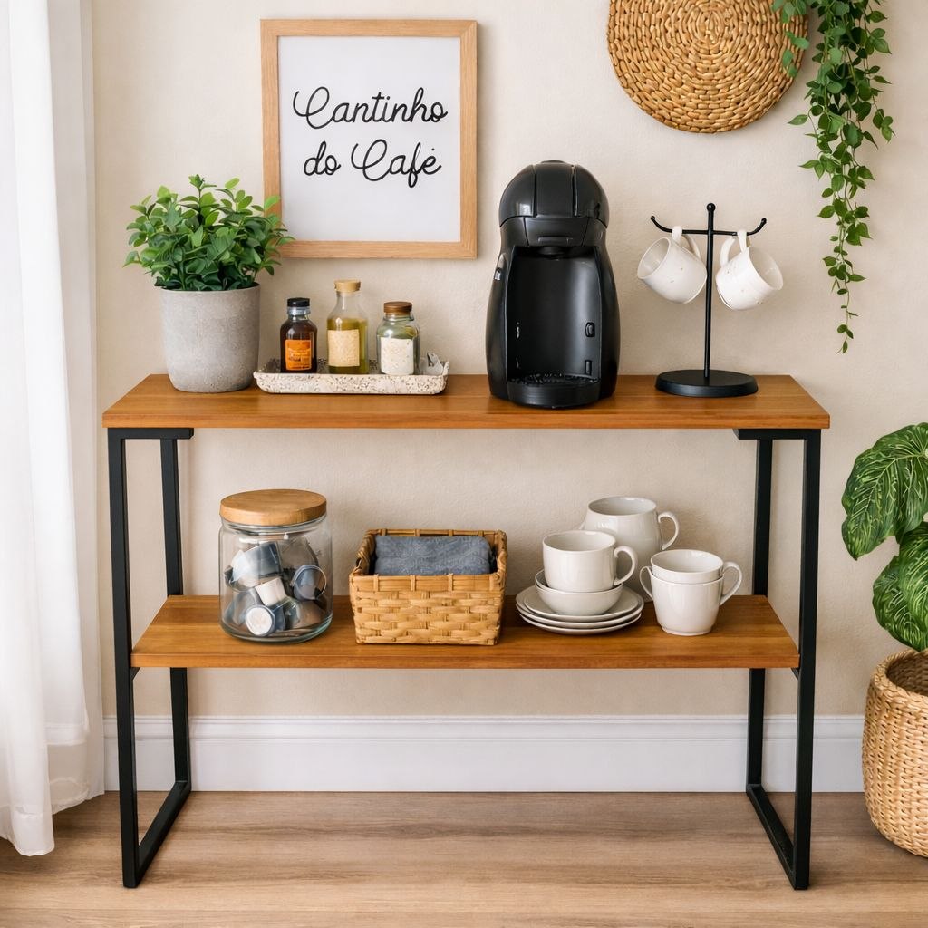 - Aparador Buffet Industrial 2 Prateleiras para Cantinho do Café Balcão Multiuso MDF e Aço