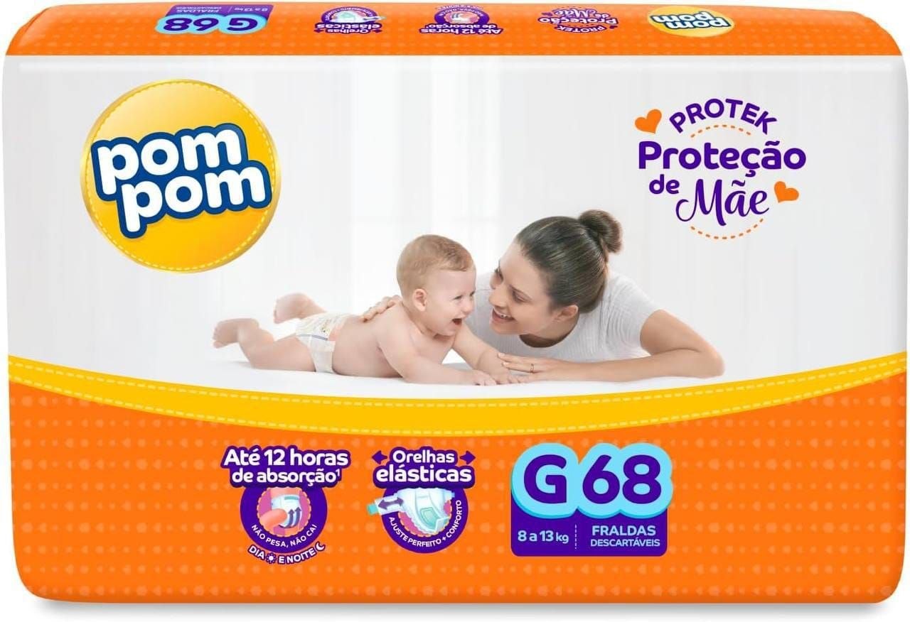 Fralda Pom Pom Protek Proteção de Mãe Hiper G 68 Unidades