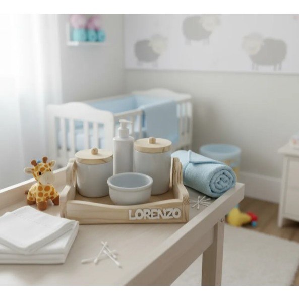 🛍️ Kit Higiene Bebê Nome Personalizado Pote Bandeja Madeira