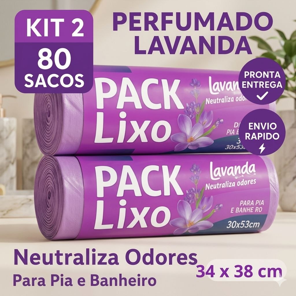 - KIT 2 Sacos de Lixo Perfumado Lavanda 80 Unidades Neutraliza Odor Banheiro Pia 34x38cm
