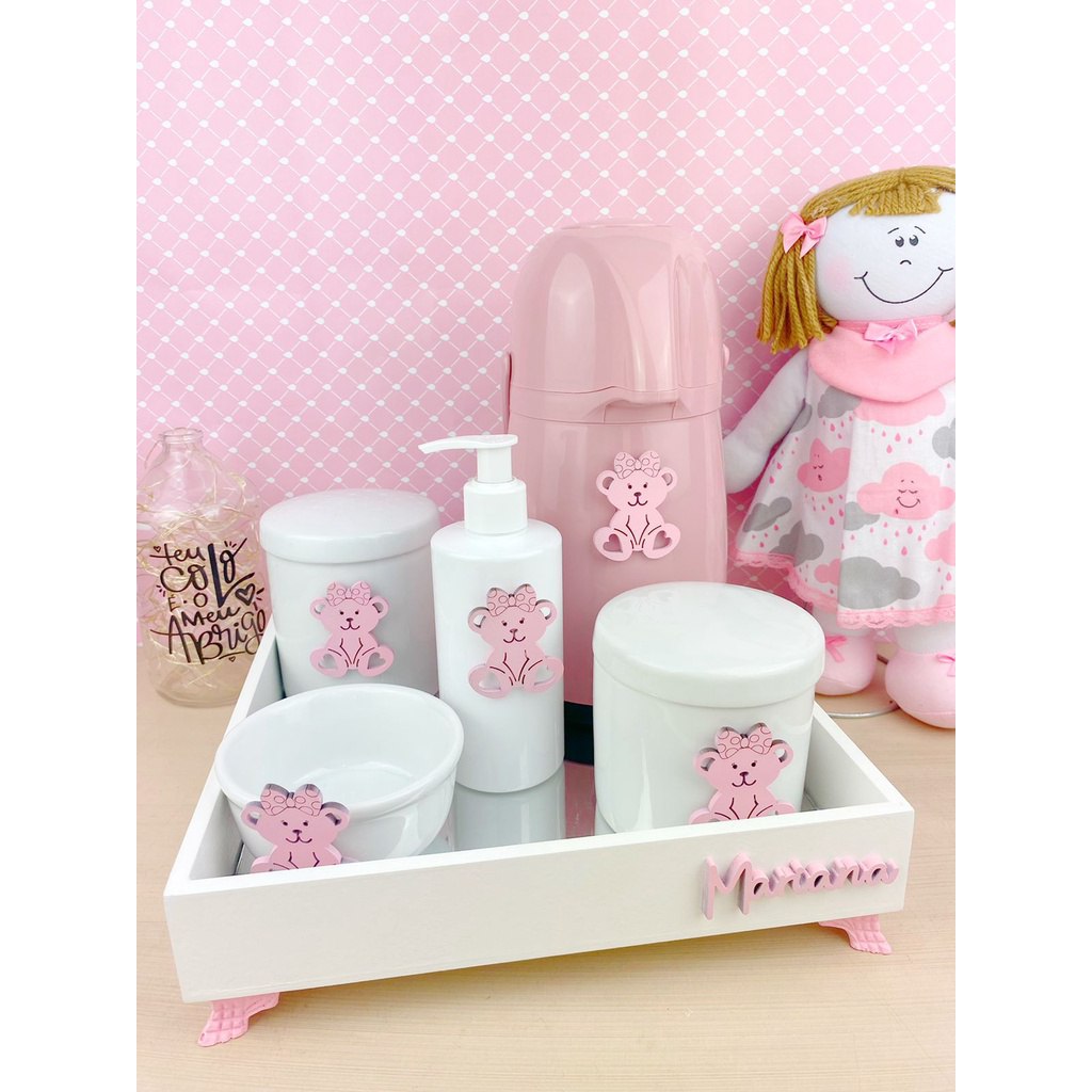 🛍️ Kit Higiene Bebê Porcelana Temas Rosa Nome Personalizado Garrafa 500 ml pump Rosa