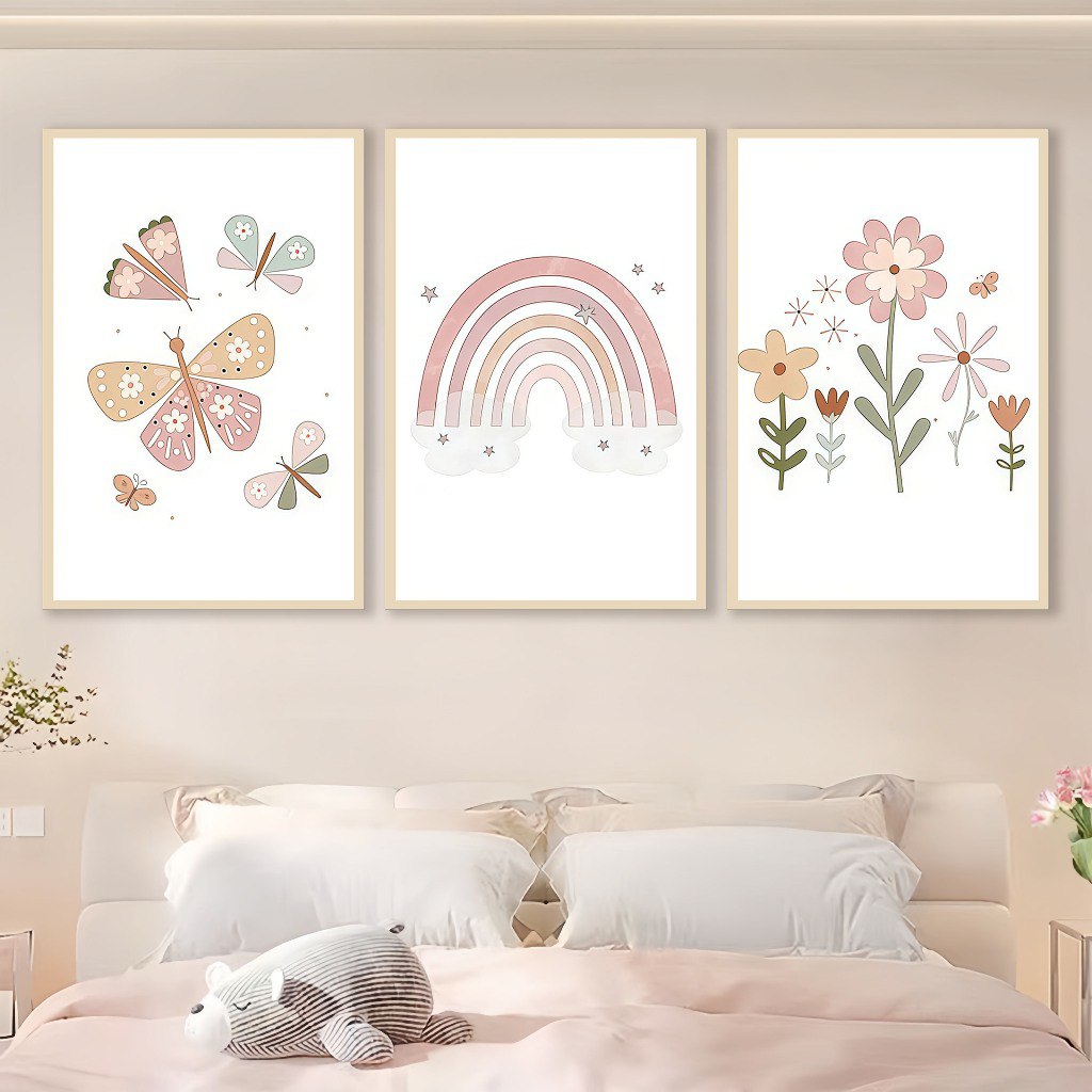 🛍️ Quadro decorativo 3 pecas sol nuvem rosa flores Borboletasdecoracäo para quarto infant