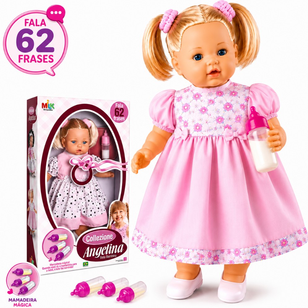 🛍️ Boneca Grande Angelina Loira Fala 62 Frases Tipo Reborn Com Mamadeira Milk Brinquedos