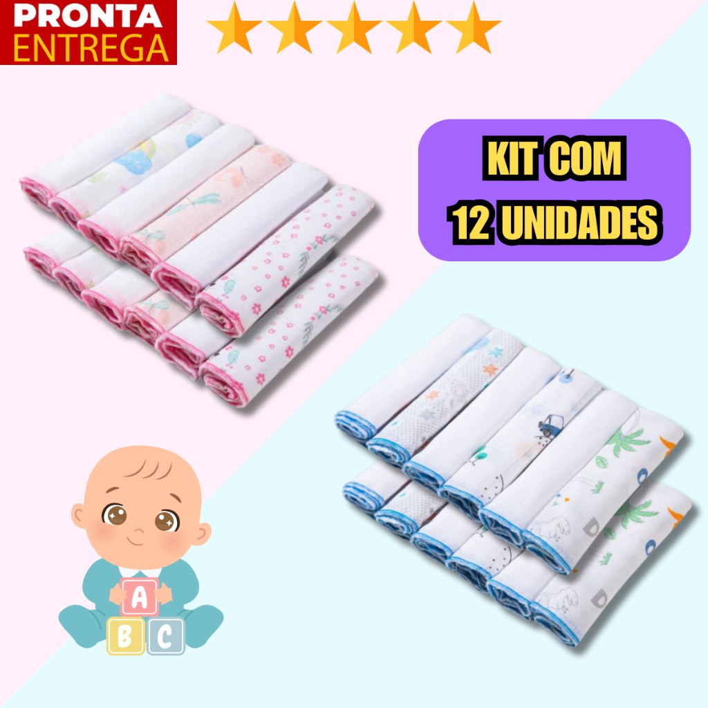 🛍️ 12 Unidades Pano de Boca Bebe Fralda de Boca Babete 100% Algodão 30cm x 30cm
