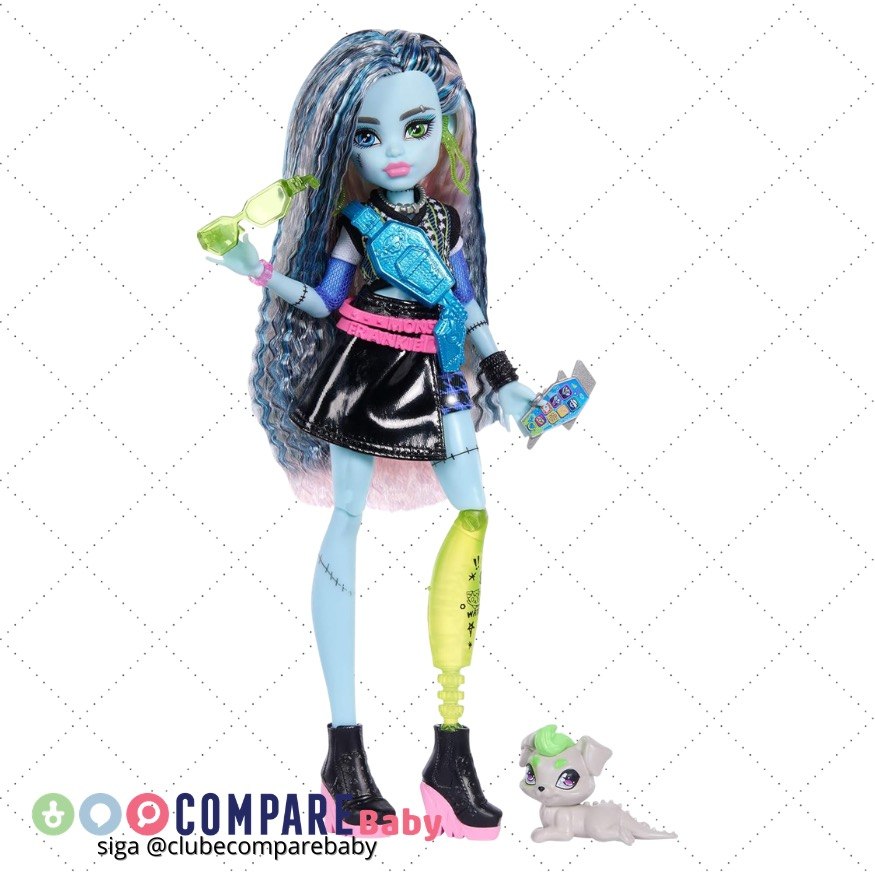 😍 Monster High Frankie Stein: boneca eletrizante articulada com 7 acessórios, look colegi