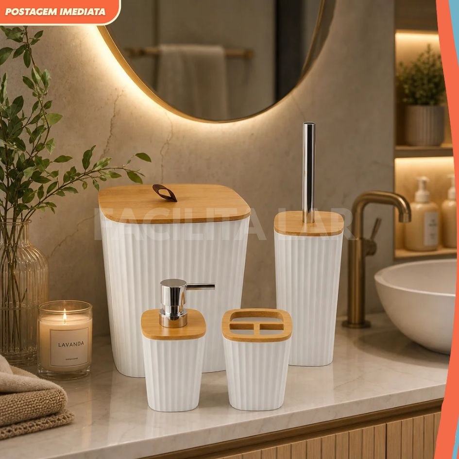 - Conjunto de Banheiro Moderno 4 peças com Tampa de Bambu – Organizador Decorativo Elegant