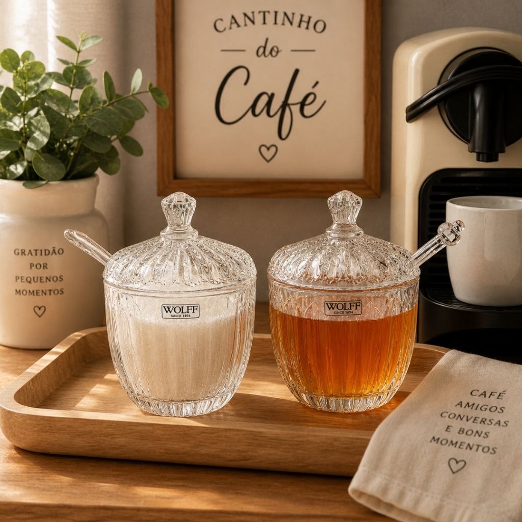 - Kit Açucareiro e Meleira Wolff Geneva Vidro Luxo Cantinho do Café Mesa Posta
