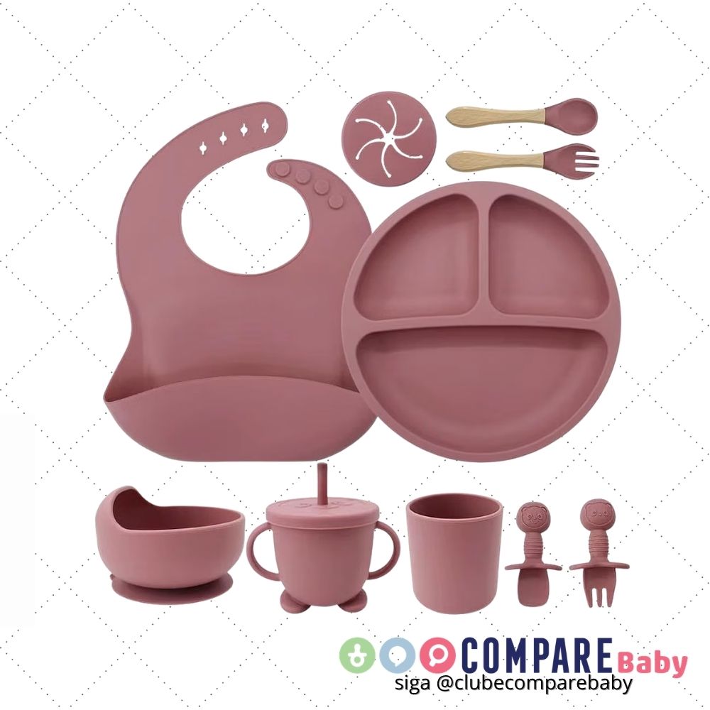 😍 Kit Introdução Alimentar Bebê 8 Peças Prato + Bowl Babador Copo + Tampa com Canudo + 2