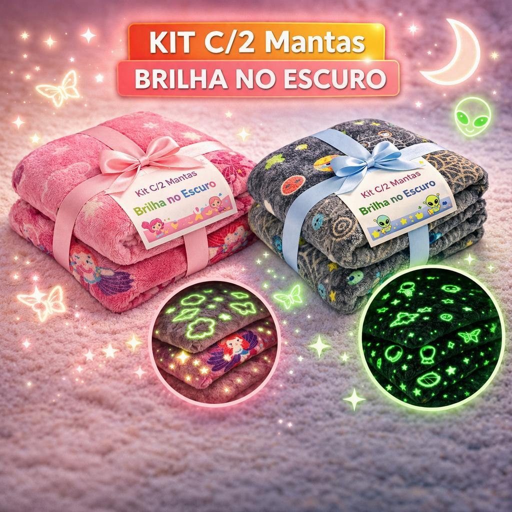 🛍️ Kit 2 Cobertor Manta Brilha no Escuro Neon Infantil 2,00x1,80 Varias Estampas