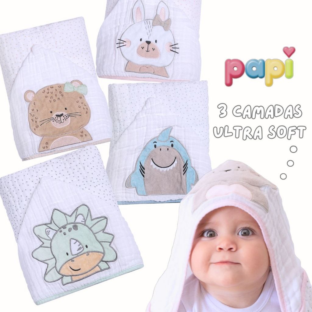 🛍️ Toalha Fralda Bebê Papi Soft 3 Camadas com Capuz Bordado | Super Absorção 90x75cm Recé