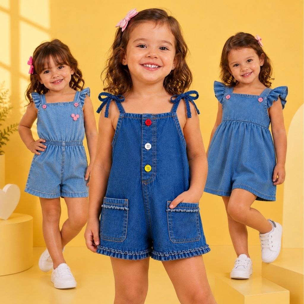 - Macacão Macaquinho Jardineira Jeans Infantil Feminino 2 a 4 Anos Confortável e Estiloso