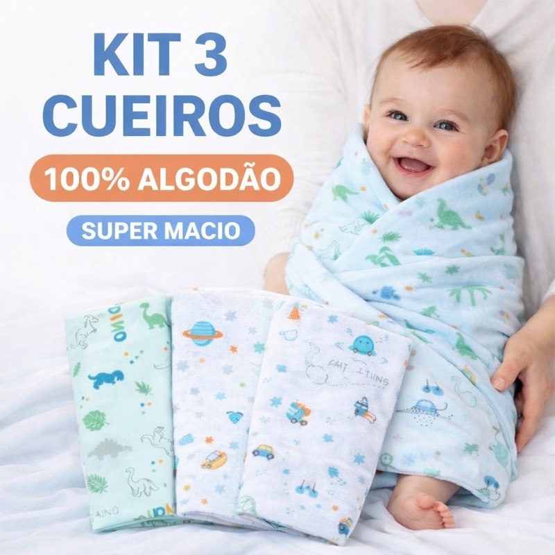 🛍️ Kit 3 Cueiros Flanelados Papi 80x50cm 100% Algodão Estampas Sortidas Bebê