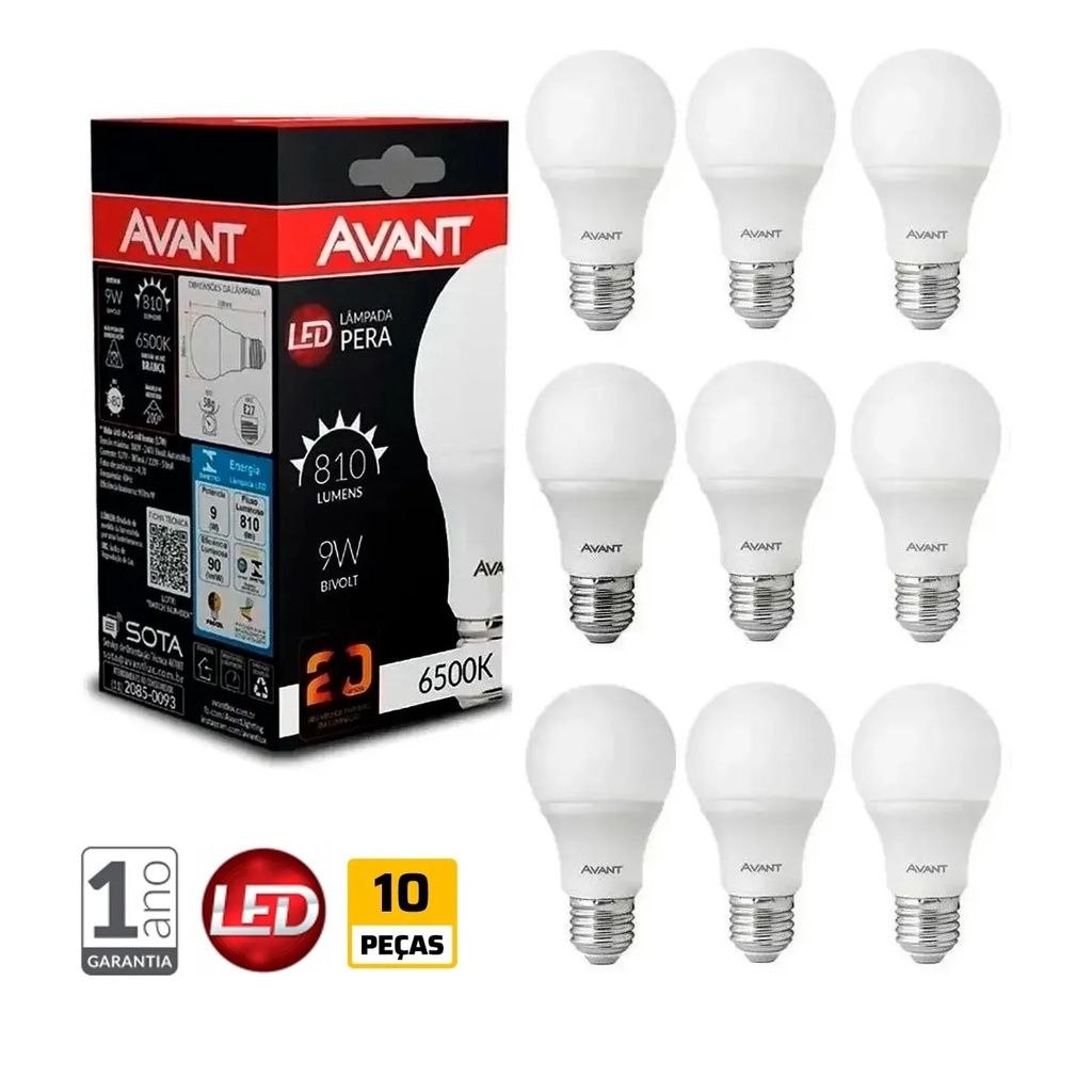 - Kit com 10 Lâmpadas Led 9W Bivolt Branco Frio 6500K Avant