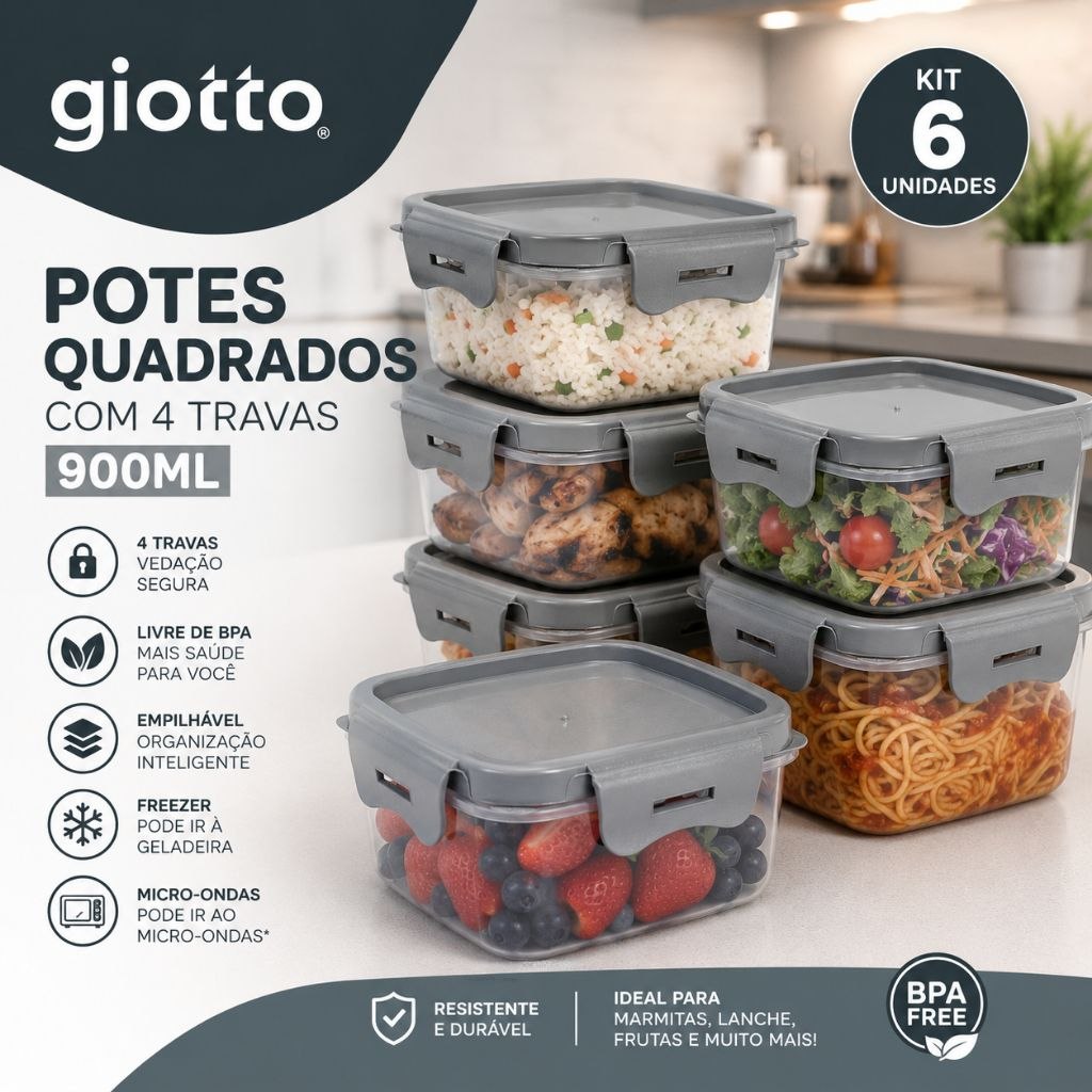 - Kit 6 Potes 900ml Cinza com 4 Travas Vedação Segura para Alimentos Hermético Marmita Fit