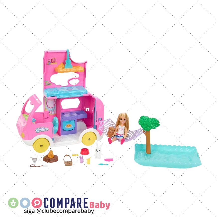 😍 Boneca Chelsea Barbie com Trailer 2 em 1, Animais de Estimação e Acessórios de Acampame