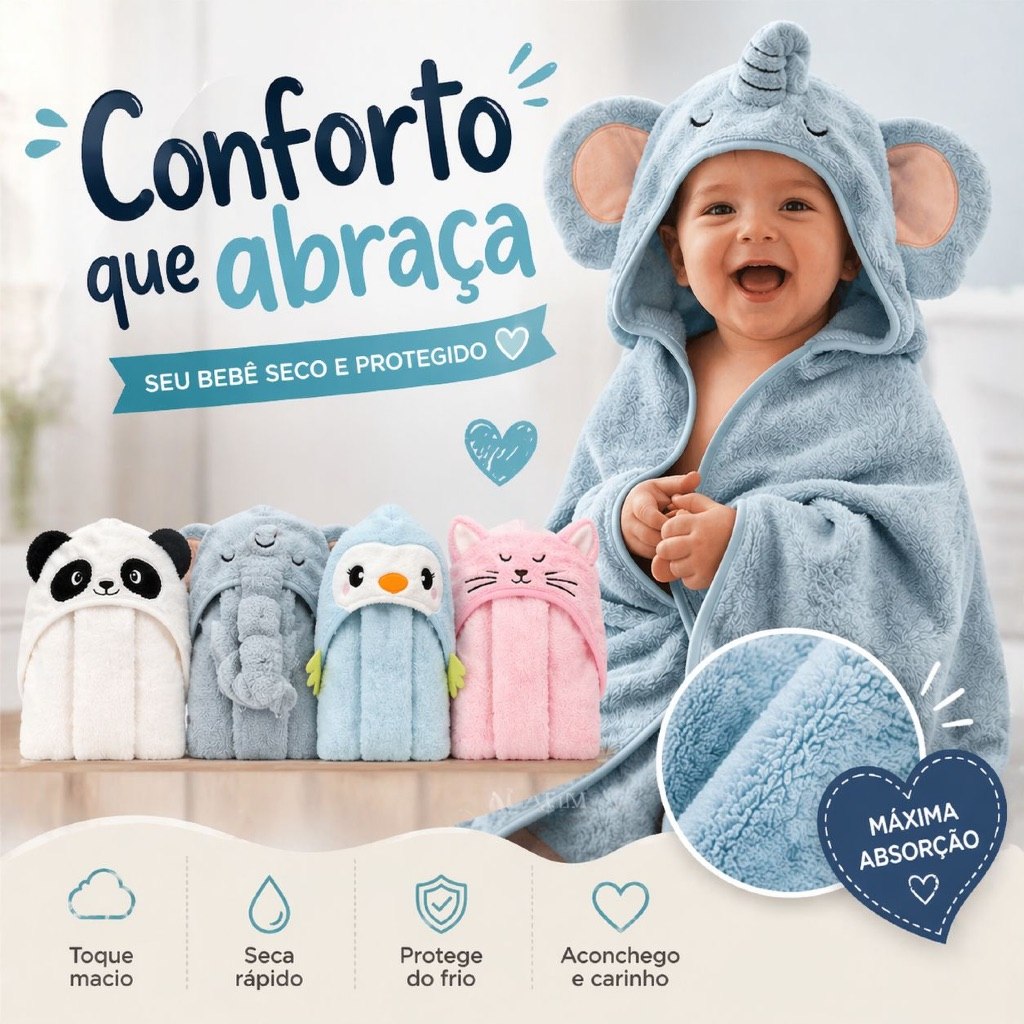 🛍️ Toalha De Banho Infantil Com Capuz Felpuda Infantil Bebê Criança Bichinhos Grande Toal
