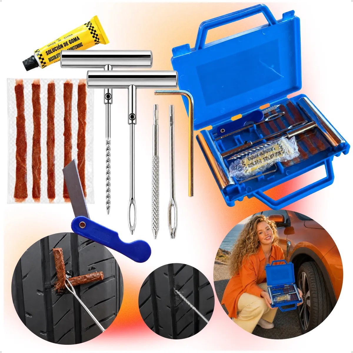 🔥 Kit Reparo Pneu Remendo Macarrão Sem Câmara Carro e Moto